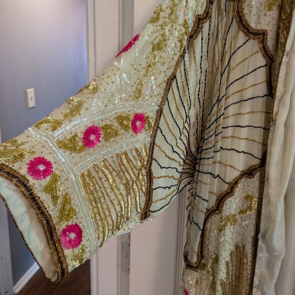 1920s Flapper Style Birjand Gunit Gold Beaded Jacket Duster Silk Art Deco - Picture 6 of 9